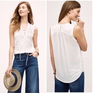 ANTHRO Maeve Embroidered Lace-Up Tank Ivory Coastal Beachy Boho Size 6